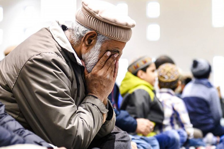 Members of Ahmadiyya Muslim Jama'at Canada gather at the Baitul Islam Mosque during a special prayer in in Vaughan, Ontario for the victims of the deadly attacks on mosques in New Zealand on Friday, March 15, 2019. Photo: AP