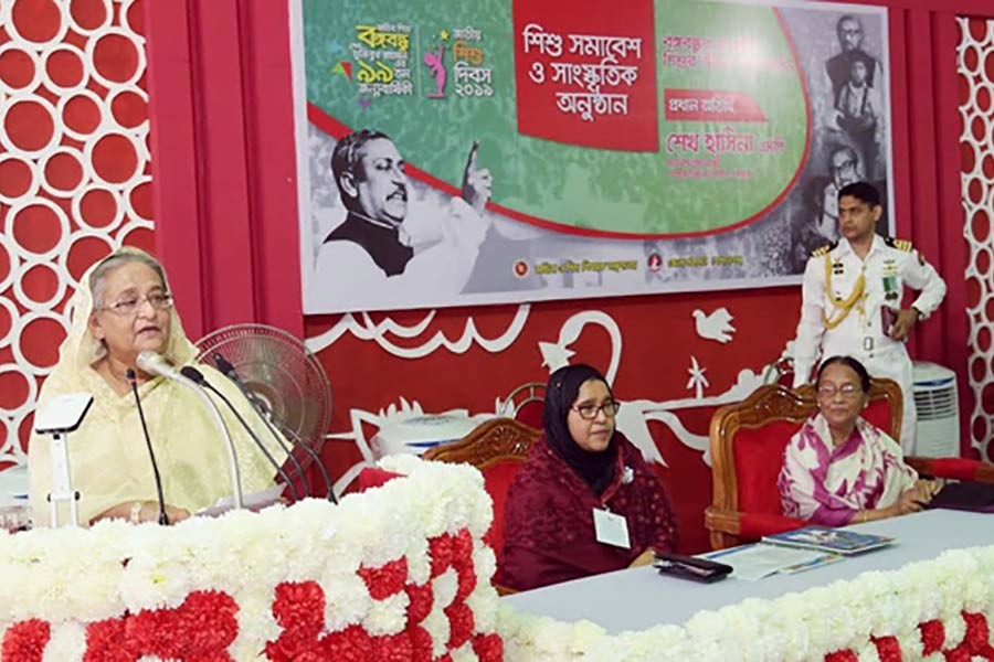 Prime Minister Sheikh Hasina addressing a Children’s Rally and Cultural Programme as the chief guest marking the 99th birth anniversary of Father of the Nation Bangabandhu Sheikh Mujibur Rahman and National Children’s Day on Bangabandhu Mausoleum Complex premises at Tungipara in Gopalganj on Sunday. -BSS Photo