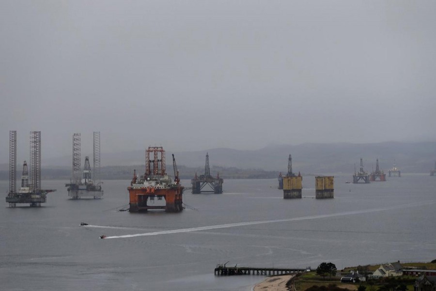 Drilling rigs are parked up in the Cromarty Firth near Invergordon, Scotland, Britain	—  Reuters