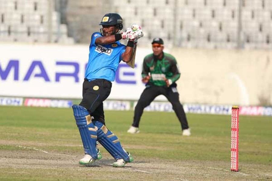 Abahani's Jahurul Islam playing a shot against Mohammedan in the Dhaka Premier Division Cricket League at Sher-e-Bangla National Cricket Stadium in the city on Monday	— bdnews24.com