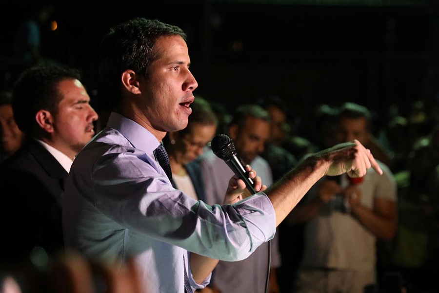 Venezuelan opposition leader Juan Guaido, who many nations have recognised as the country's rightful interim ruler, talks to media at a news conference in Caracas, Venezuela on April 2, 2019 — Reuters