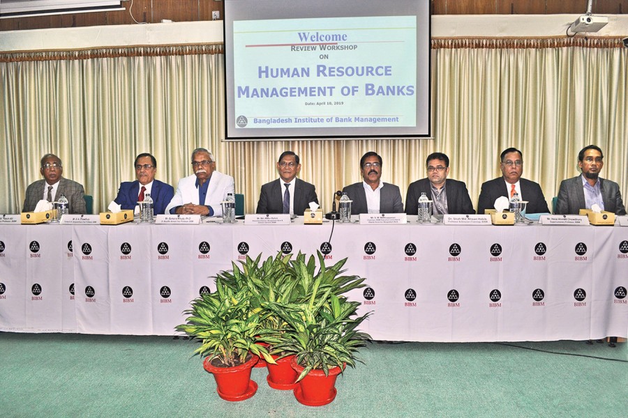 S. M. Moniruzzaman, Chairman, BIBM Executive Committee and Deputy Governor, Bangladesh Bank, seen, among others in a day-long review workshop titled "Human Resource Management of Banks", arranged by Bangladesh Institute of Bank Management (BIBM) Wednesday. Md. Abdur Rahim, Executive Director, Bangladesh Bank & Director General, BIBM, Barkat-e-Khuda, Ph.D, Dr. Muzaffer Ahmad Chair Professor, BIBM; S. A Chowdhury, former A. K. Gangopadhaya Chair Professor, BIBM; Helal Ahmed Chowdhury, Supernumerary Professor, BIBM, Md. Yasin Ali, Supernumerary Professor, BIBM and Dr. Shah Md. Ahsan Habib, Professor & Director (Training), also attended