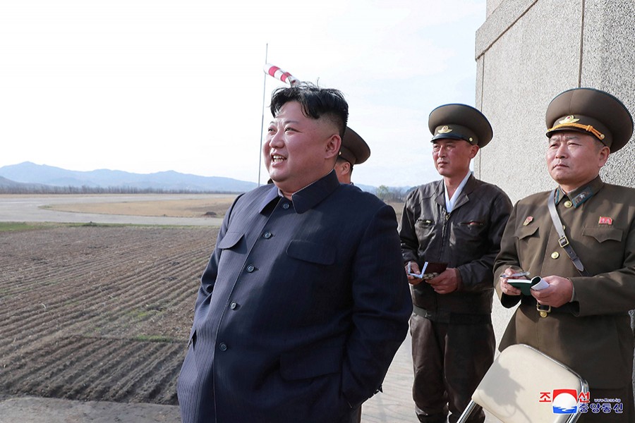 North Korean leader Kim Jong-un gives guidance while attending a flight training of Korean People's Army Air Force at an undisclosed location in this April 16, 2019 photo released on April 17, 2019 by North Korea's Central News Agency (KCNA) — KCNA via Reuters