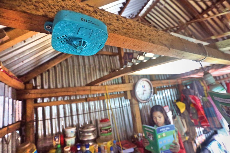 Fire alarms have been installed in houses in a section of Korail slum in the city on an experimental basis by an NGO as is seen in the photo taken on Friday. The fire alarm is activated by increased heat or thick smoke — FE photo by KAZ Sumon