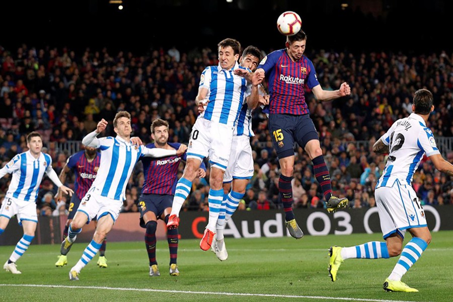 Barcelona's centre back Clement Lenglet scores their first goal from a corner — Reuters Action Image