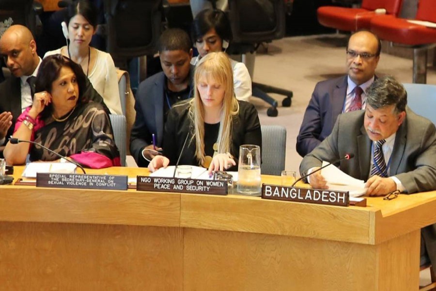 Permanent Representative (PR) of Bangladesh to the UN Ambassador Masud Bin Momen recently speaks at the Open Debate of the Security Council on ‘Sexual Violence in Conflict’ at the UN headquarters in New York, US. Photo: Courtesy