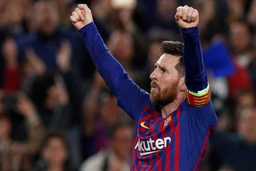 Barcelona's Lionel Messi celebrates scoring their third goal. Football - Champions League Semi Final First Leg - FC Barcelona v Liverpool - Camp Nou, Barcelona, Spain - May 1, 2019. Reuters