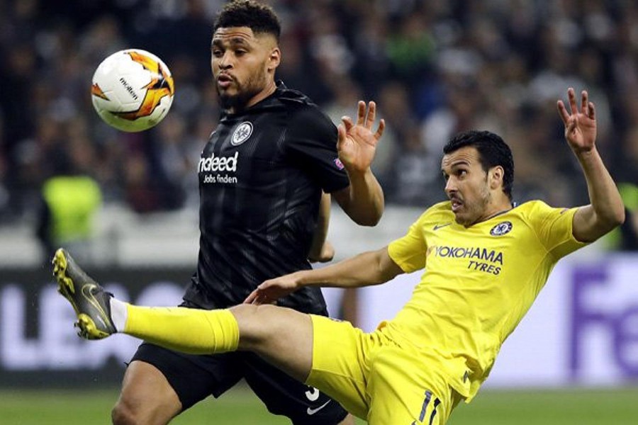 Chelsea's Pedro Rodriguez, right, and Frankfurt's Nelson Mandela Mbouhom, left, challenge for the ball during a UEFA Europa League, first leg semifinal match in the Commerzbank Arena in Frankfurt, Germany on Thursday — AP photo