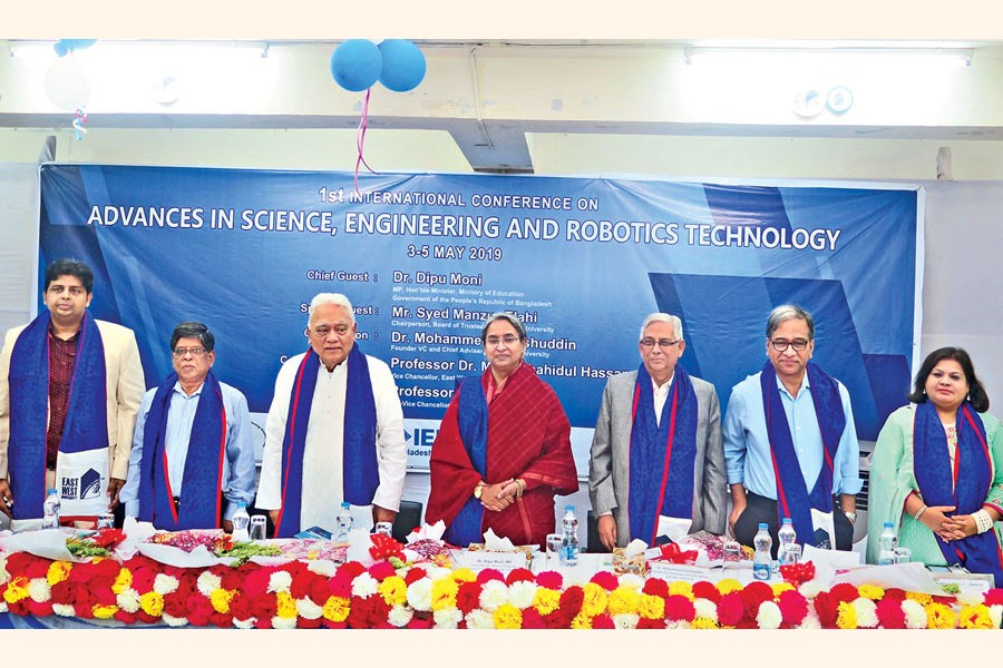 Dr. Dipu Moni, Education Minister, Syed Manzur Elahi, Chairperson, Board of Trustees, EWU, Dr. Mohammed Farashuddin, Chief Adviser of EWU, Professor Dr. M. M. Shahidul Hassan, Vice Chancellor of EWU, and Professor Dr. Fakrul Alam, Pro-Vice Chancellor of EWU, seen in the event on Friday.