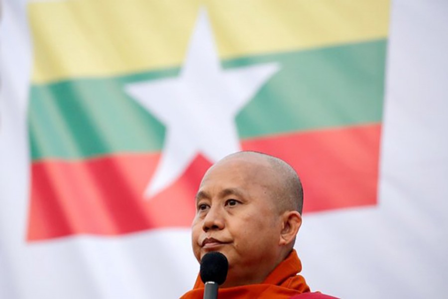 Myanmar Buddhist monk Wirathu speaks at a rally against constitution change in Yangon, Myanmar on May 5, 2019 — Reuters/Files