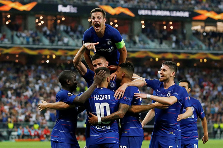 Chelsea's Eden Hazard celebrates scoring their third goal with captain Cesar Azpilicueta and other teammates on Thursday — Reuters photo