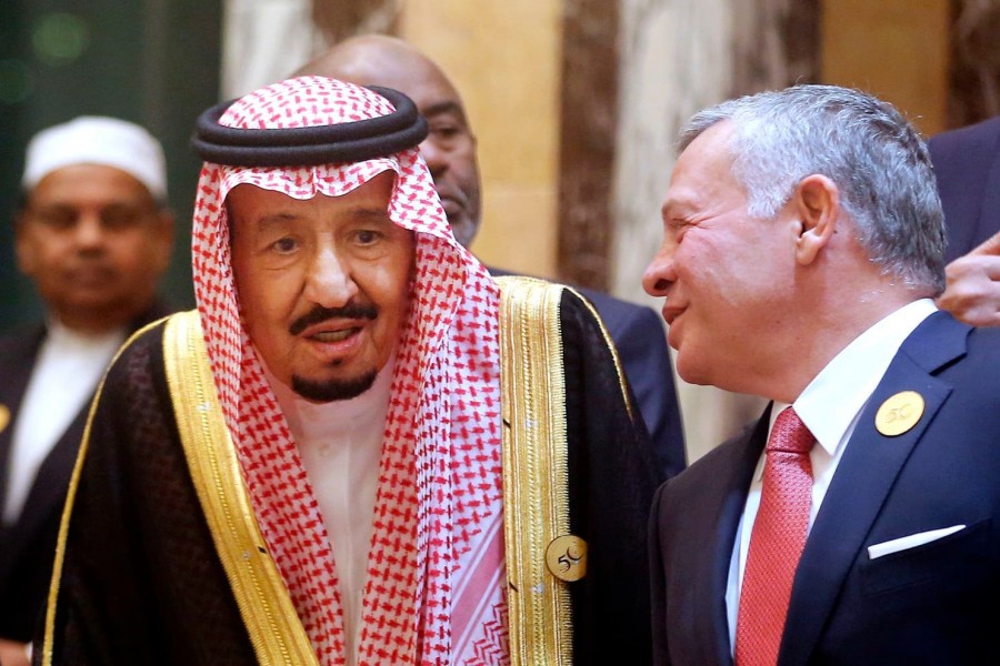 Jordan’s King Abdullah II, right, talks to Saudi King Salman during a group picture ahead of Islamic Summit of the Organization of Islamic Cooperation (OIC) in Mecca, Saudi Arabia, early Saturday, June 1, 2019 - AP photo