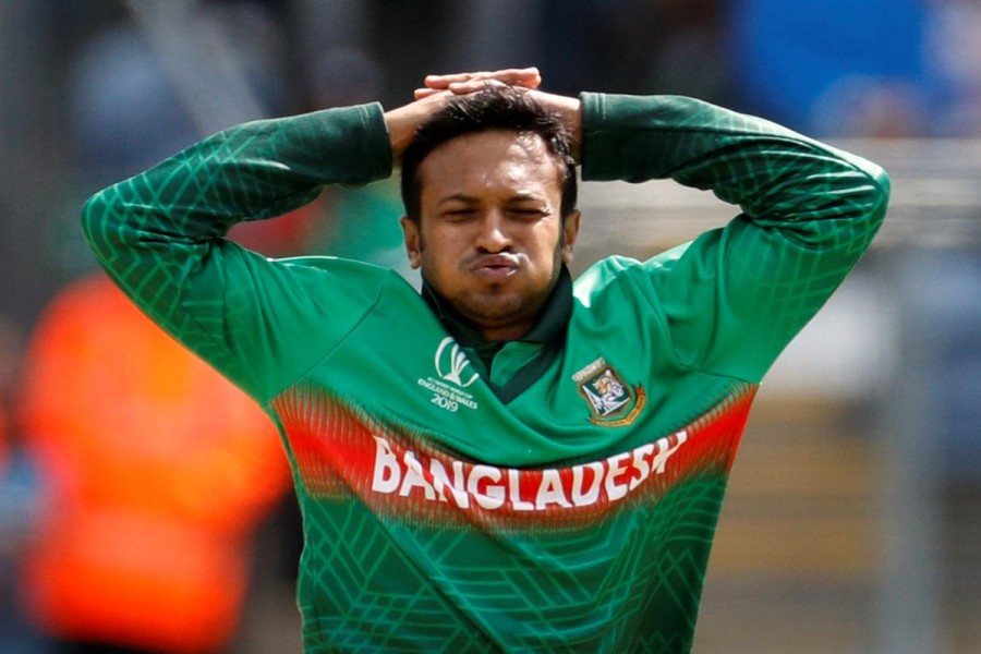 Cricket - ICC Cricket World Cup - England v Bangladesh - Cardiff Wales Stadium, Cardiff, Britain - June 8, 2019 Bangladesh's Shakib Al Hasan reacts - Action Images via Reuters/John Sibley