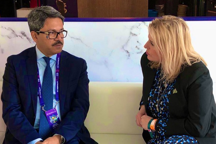 Bangladesh's State Minister for Foreign Affairs M Shahriar Alam (left) and UK Minister for Sport and Civil Society Mims Davies seen in this photo collected from social media