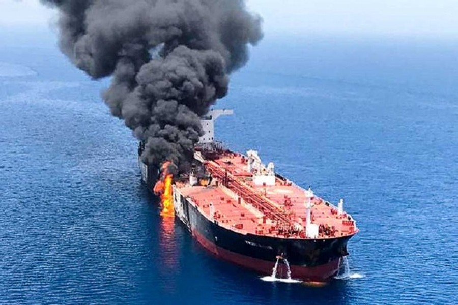 An oil tanker is seen after it was attacked at the Gulf of Oman, in waters between Gulf Arab states and Iran, June 13, 2019. ISNA/Handout via Reuters