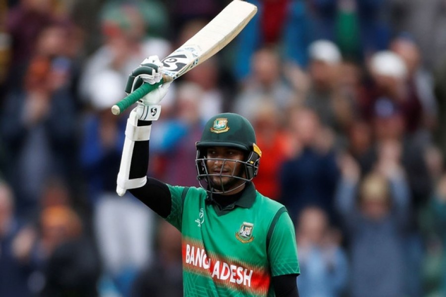 ICC Cricket World Cup - West Indies v Bangladesh - The County Ground, Taunton, Britain - June 17, 2019 Bangladesh's Shakib Al Hasan celebrates reaching his century Action Images via Reuters