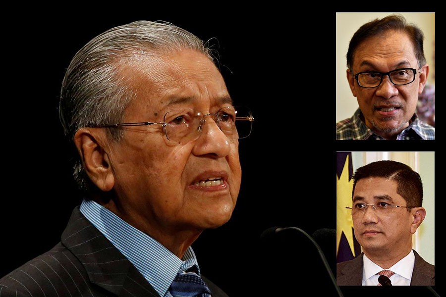 A combination photo of Malaysia's Prime Minister Mahathir Mohamad, politician Anwar Ibrahim and Minister of Economic Affairs Azmin Ali