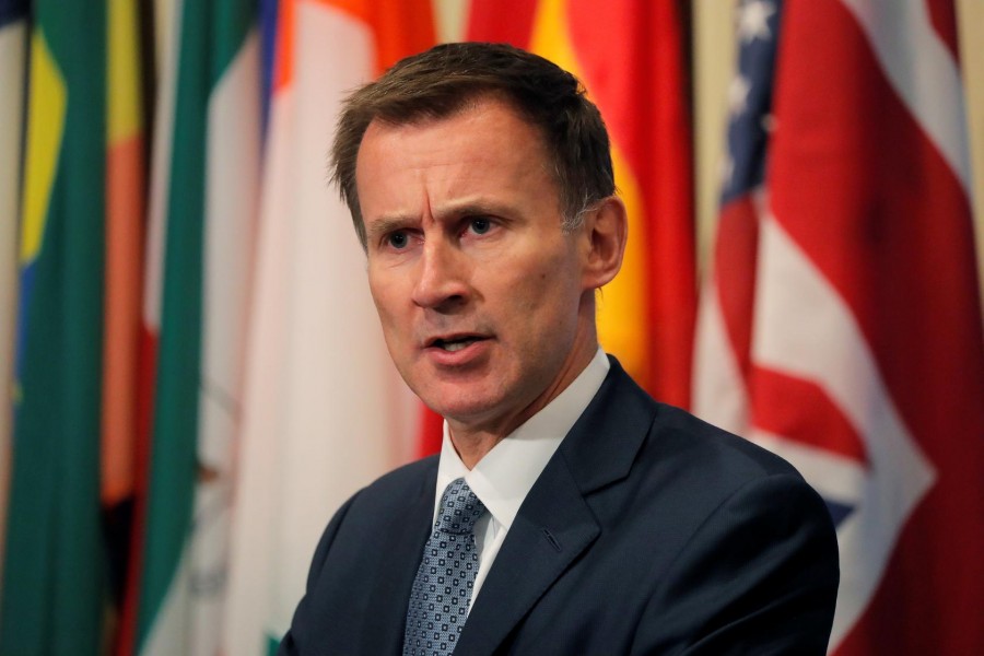 FILE PHOTO: British Foreign Secretary Jeremy Hunt speaks outside the United Nations Security Council prior to presiding over a meeting of the Council at UN headquarters in New York City, New York, US, August 23, 2018 - REUTERS/Lucas Jackson