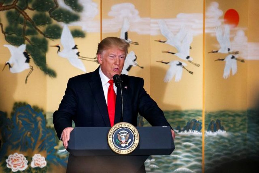 US President Donald Trump speaks to South Korean business leaders at the Hyatt Hotel, Sunday, Jun 30, 2019, in Seoul, South Korea. Jacquelyn Martin/Pool via REUTERS