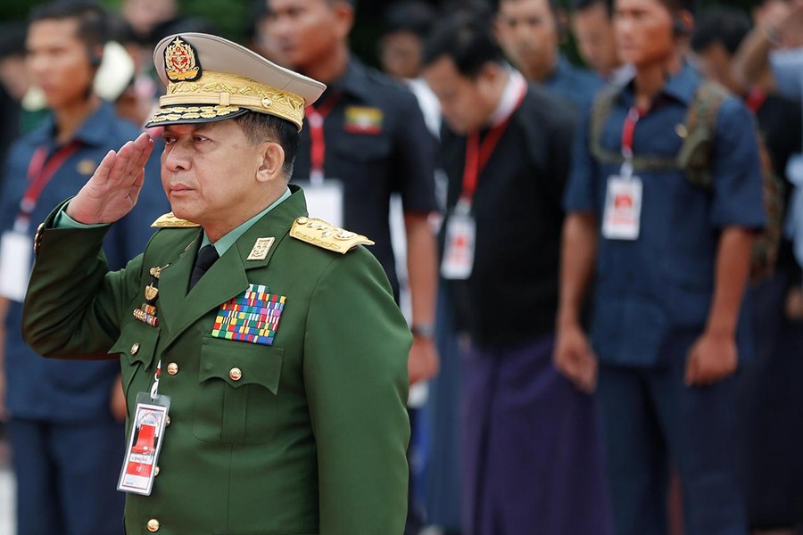 Myanmar's Commander in Chief Senior General Min Aung Hlaing salutes as he attends an event marking Martyrs' Day at Martyrs' Mausoleum in Yangon, Myanmar on July 19, 2018 — Reuters/Files