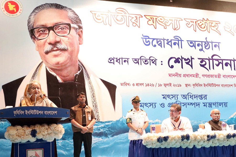 Prime Minister Sheikh Hasina addressing the inaugural function of the National Fisheries Week 2019, held at the auditorium of Krishibid Institution Bangladesh (KIB) in the capital  — Focus Bangla photo