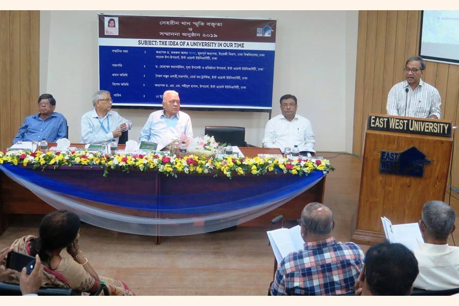 Dr Fakrul Alam, former professor of the University of Dhaka, and former Pro-Vice Chancellor of the EWU, speaking on 'The Idea of a University in our Time' in the Nehreen Khan Memorial Programme on the EWU campus in the city recently