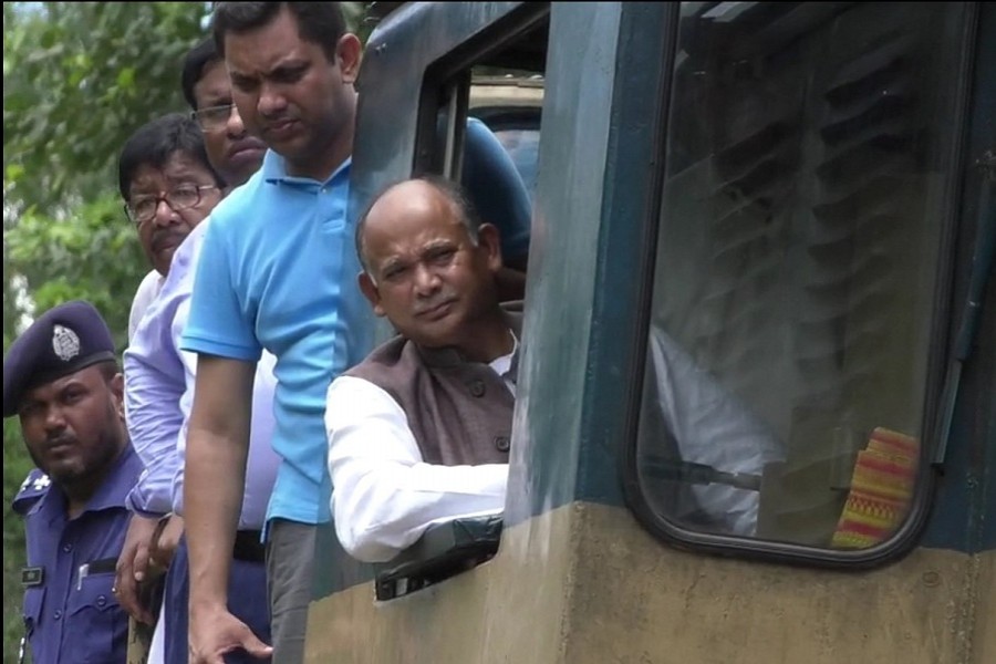 Railways Minister Md Nurul Islam Sujan visits the damaged rail tracks at Badiakhali. Photo: UNB