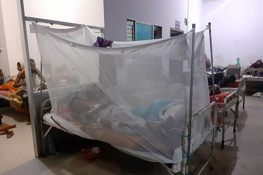 A partial view of a ward with dengue patients at Shaheed Ziaur Rahman Medical College and Hospital in Bogura district       	— FE Photo