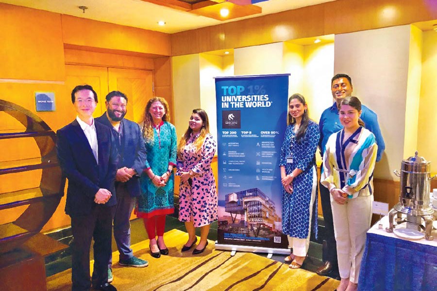 (From left)  Hung Truong-- head of International student recruitment, Rouham Manzoor-- MACES managing partner, Natalie Jane Downing-- associate director faculty services - Faculty of Engineering and Built Environment at University of Newcastle, Iqra Khan-- senior recruitment adviser of South Asia, Bhavana Chilaka-- international admissions officer, Nimay Kalyani--international coordinator of South Asia and lecturer in management - Newcastle Business School and  Dolly Bhatia, recruitment adviser, South Asia - UON Global