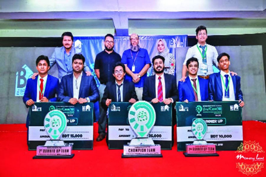 Standing in the back — second from left Assistant Professor Dr Md Abdul Momen, Assistant Professor M Sayeed Alam (middle) and Assistant Professor Silvia Akter with the winning team members of Briefcase 2019 organised by East West University Business Club (EWUBC)