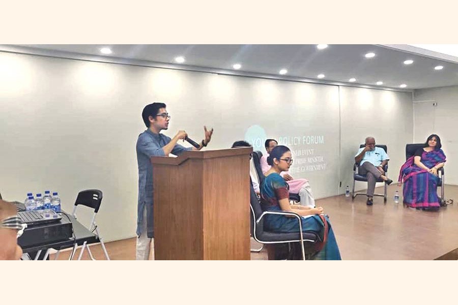 A youth delivering speech at the event remembering Tajuddin Ahmad organised by the Youth Policy Forum