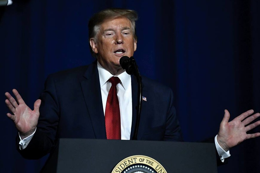 President Donald Trump speaks to the 75th annual AMVETS (American Veterans) national convention in Louisville, Kentucky, USA on August 21, 2019.          — Photo: AP