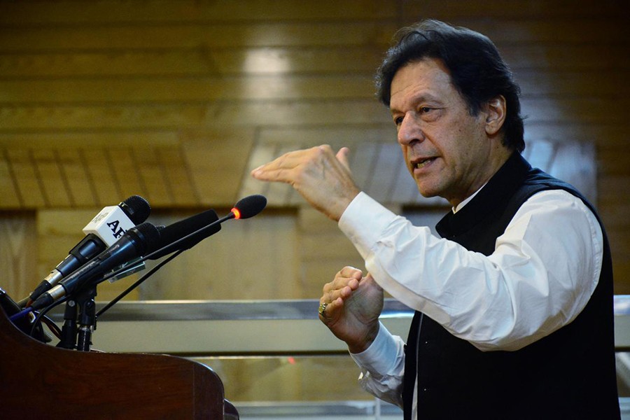 Pakistani Prime Minister Imran Khan gestures as he addresses the Azad Kashmir parliament on Pakistan's 72nd Independence Day in Muzaffarabad, Pakistan-administered Kashmir on August 14, 2019 — Reuters/Files