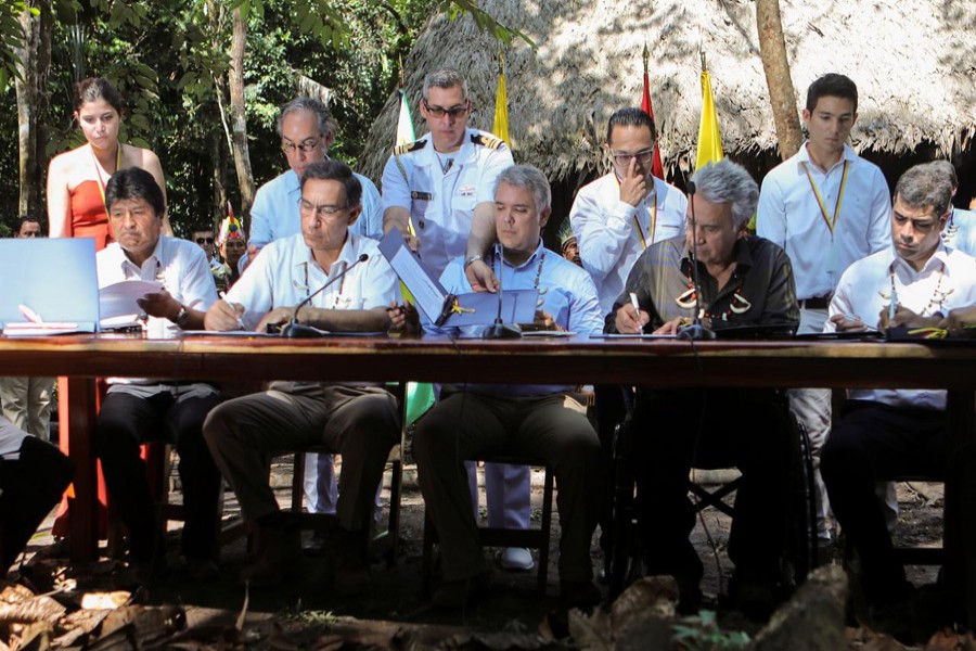 Bolivia’s President Evo Morales, Peru’s President Martin Vizcarra, Colombia’s President Ivan Duque, Ecuador’s President Lenin Moreno and Suriname's Vice President Michael Ashwin Adhin sign a pact for the Amazon during the Presidential Summit for the Amazon, in Leticia, Colombia September 6, 2019. Reuters