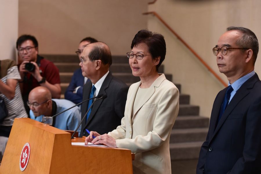 Chief Executive of China's Hong Kong Special Administrative Region (HKSAR) Carrie Lam speaks during a media session in Hong Kong, south China, September. 5, 2019. Xinhua