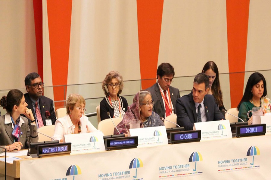 Prime Minister Sheikh Hasina speaks at the programme at ECOSOC Chamber of the UN Headquarters in New York on Monday (local time). Photo: PID