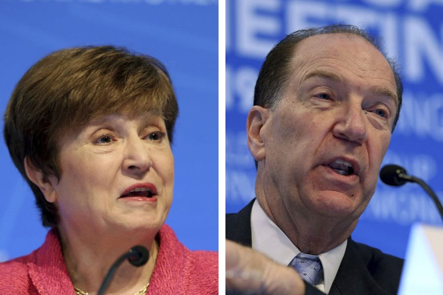 International Monetary Fund (IMF) Managing Director Kristalina Georgieva and World Bank President David Malpass speaking during a news conference during the World Bank/IMF Annual Meetings in Washington on Thursday. -AP Photos