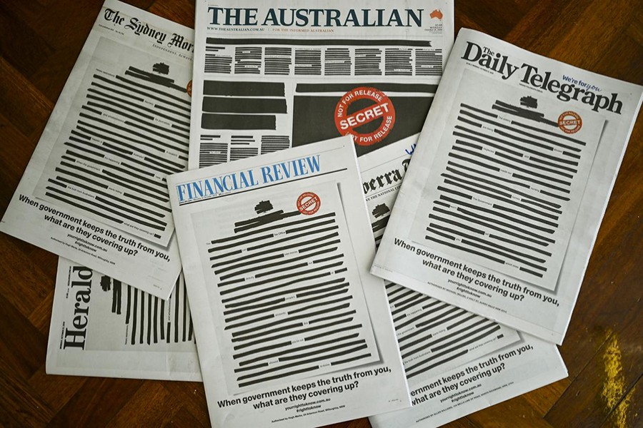 Front pages of major Australian newspapers show a 'Your right to know" campaign, in Canberra, Australia on October 21, 2019 — AAP Image via REUTERS