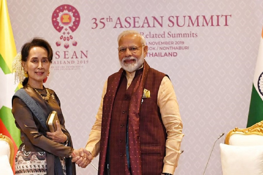 Myanmar State Counsellor Aung San Suu Kyi meets Indian Prime Minister Narendra Modi on the sidelines of the ASEAN-India Summit in Bangkok on Sunday. Photo: Courtesy