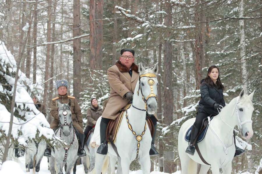 North Korean leader Kim Jong Un riding a horse as he visits battle sites in areas of Mt Paektu, Ryanggang, North Korea, in this undated picture released by North Korea's Central News Agency (KCNA) on December 4, 2019. -KCNA via REUTERS