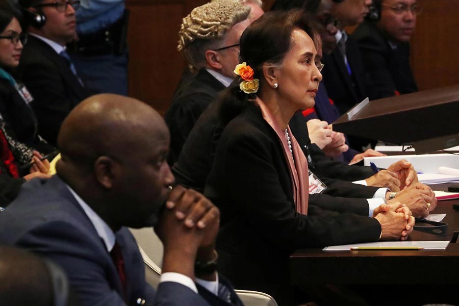 Gambia's Justice Minister Abubacarr Tambadou and Myanmar's leader Aung San Suu Kyi attend a hearing in a case filed by Gambia against Myanmar alleging genocide against the minority Muslim Rohingya population, at the International Court of Justice (ICJ) in The Hague, Netherlands on Tuesday. -Reuters Photo