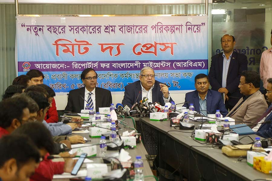 Expatriates’ Welfare and Overseas Employment Minister Imran Ahmad addressing a ‘Meet the Press’ programme at the ministry conference room in Dhaka on Sunday. -Star Mail Photo