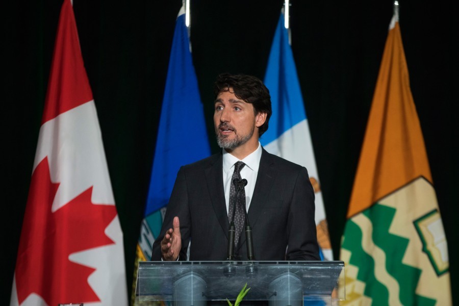 Canadian Prime Minister Justin Trudeau speaks during a memorial for the victims of the Ukrainian plane disaster in Iran this past week, in Edmonton, Alberta, Sunday, Jan. 12, 2020.  TODD KOROL/THE CANADIAN PRESS/AP