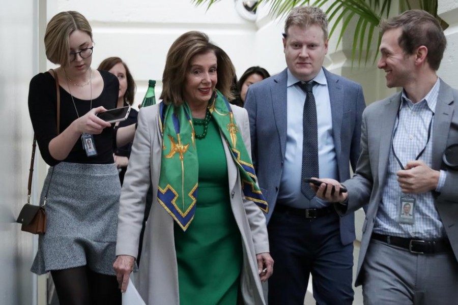 US House speaker Nancy Pelosi (D-CA) arrives for a Democratic Caucus meeting to discuss transmitting the articles of impeachment against President Donald Trump to the Senate at the US Capitol in Washington, US January 14, 2020. Reuters