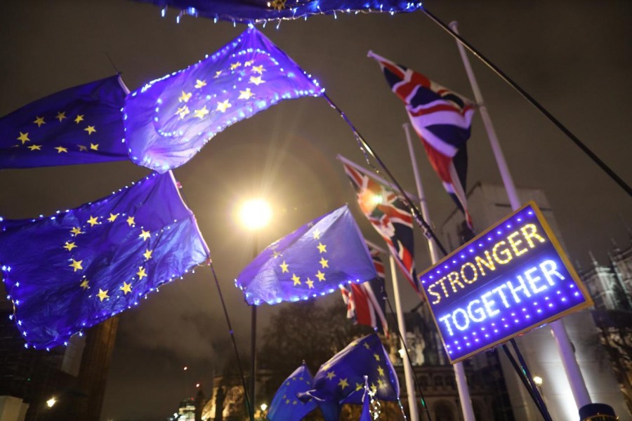 Anti-Brexit protesters demonstrate outside the Houses of Parliament in London, Britain, January 30, 2020. Reuters