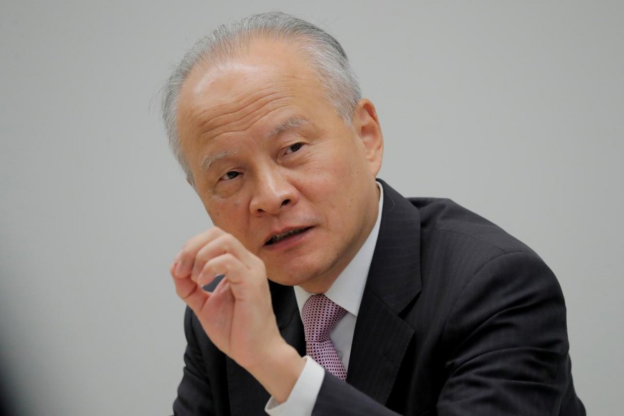 FILE PHOTO: China's ambassador to the United States Cui Tiankai responds to reporters questions during an interview with Reuters in Washington, US, November 6, 2018. REUTERS/Jim Bourg