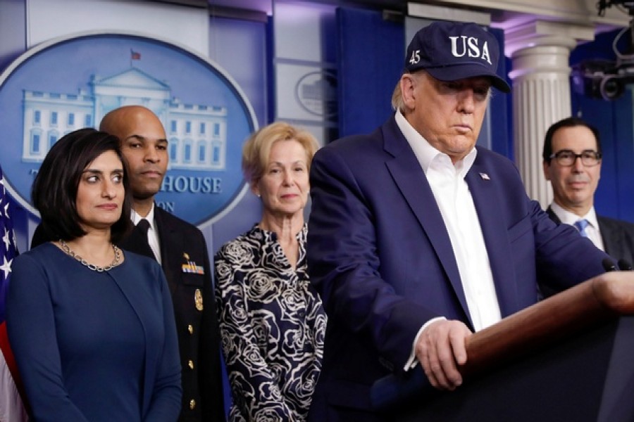 US president Donald Trump speaks at a press briefing with members of the Coronavirus Task Force at the White House in Washington, US, March 14, 2020. — Reuters