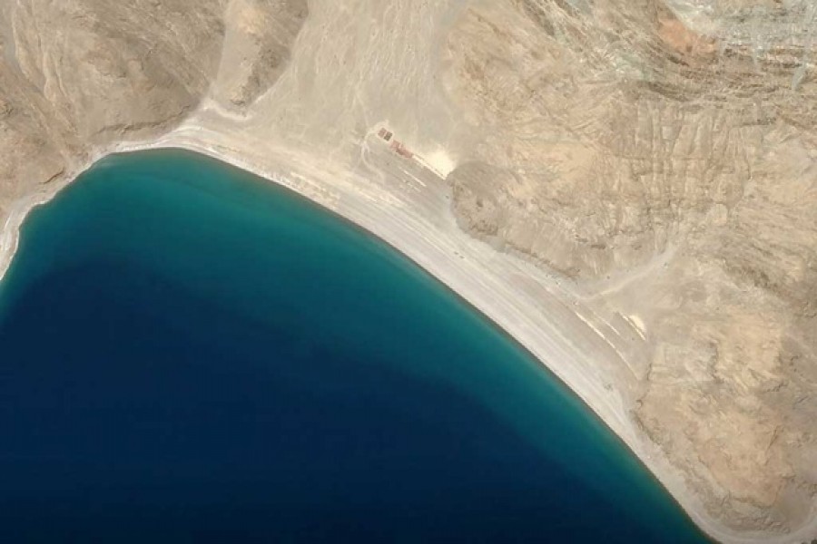 Build up at the Line of Actual Control on the disputed border between China and India is seen in this handout satellite image of Pangong Lake courtesy of Planet Labs taken May 27, 2020. Planet Labs/Handout via REUTERS