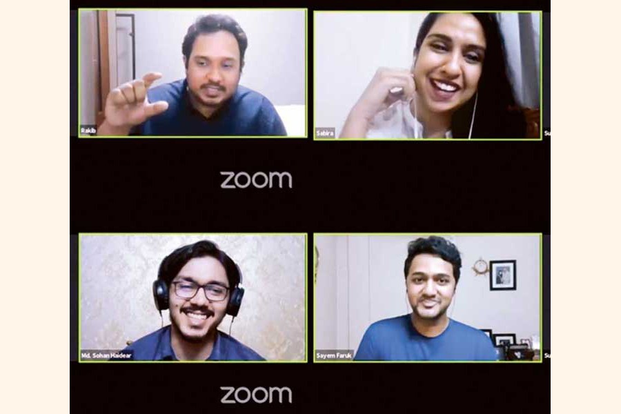 Clockwise from top-left: Rakib Ibnay Hossain, brand manager at British American Tobacco; Sabira Mehrin, founder of Wander Woman, Sayem Faruk, co-founder of Alpha Catering; Md. Sohan Haider, CEO of Smartifer Academy taking webinar session