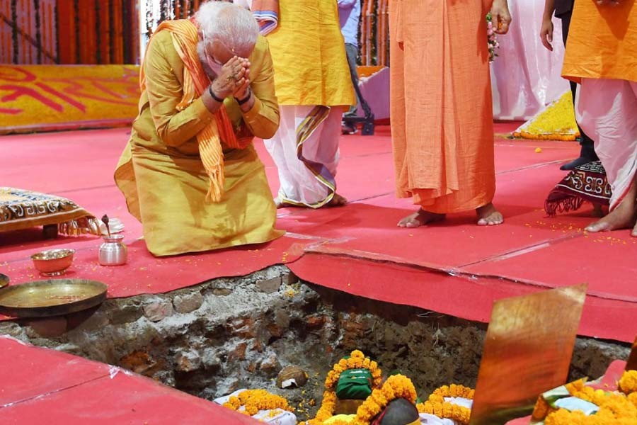 India's Prime Minister Narendra Modi attending the foundation-laying ceremony of a Hindu temple in Ayodhya on Wednesday –Reuters Photo